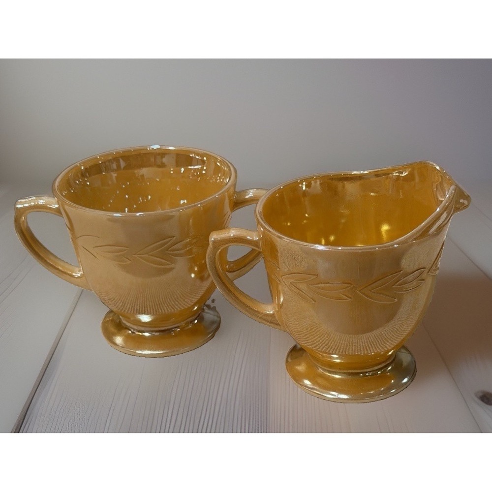Fire King Oven Ware Peach Luster / Laurel Leaf Cream and Sugar Bowl Set Vintage